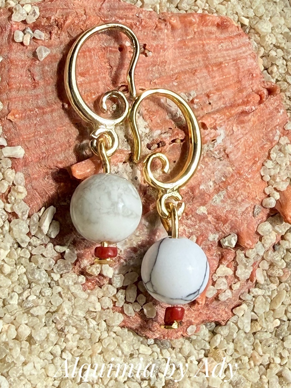 Gold Hoop Earrings with White Howlite Beads and Coral Accents